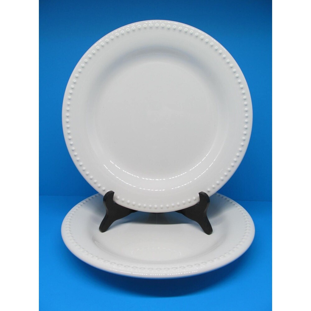 Pottery Barn Emma Set Of 2 Off White 11 1/8" Beaded Rim Dinner Plate Portugal